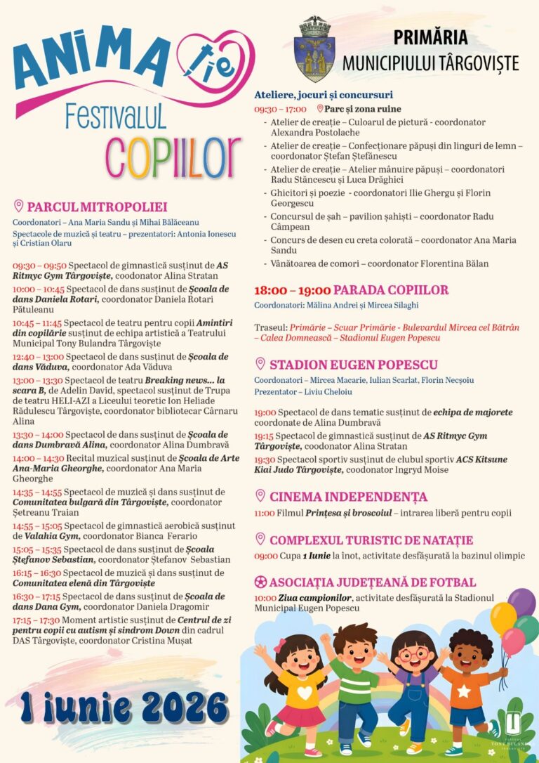 Read more about the article Primăria Municipiului Târgoviște vă invită la „ANIMAȚIE – Festivalul Copiilor”
